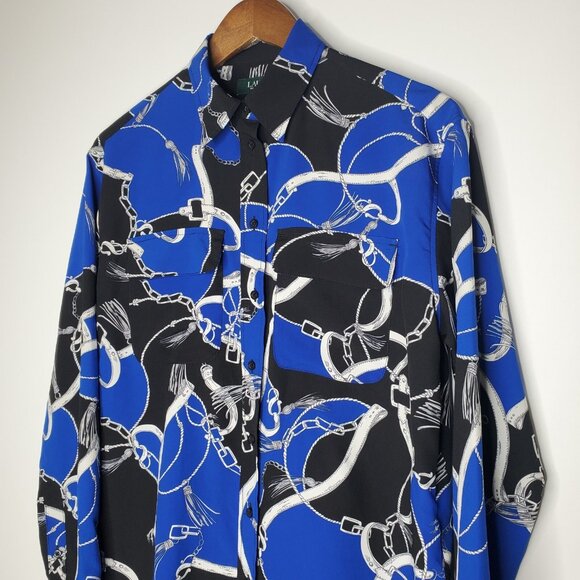 Ralph Lauren Womens Black Blue Chain Equestrian Button Up Blouse Size S Status - Picture 2 of 9